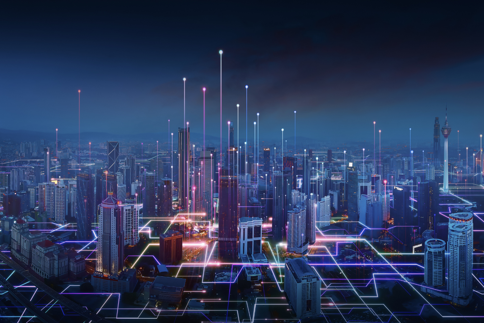 Image of a skyline with data streams going in between buildings and the sky