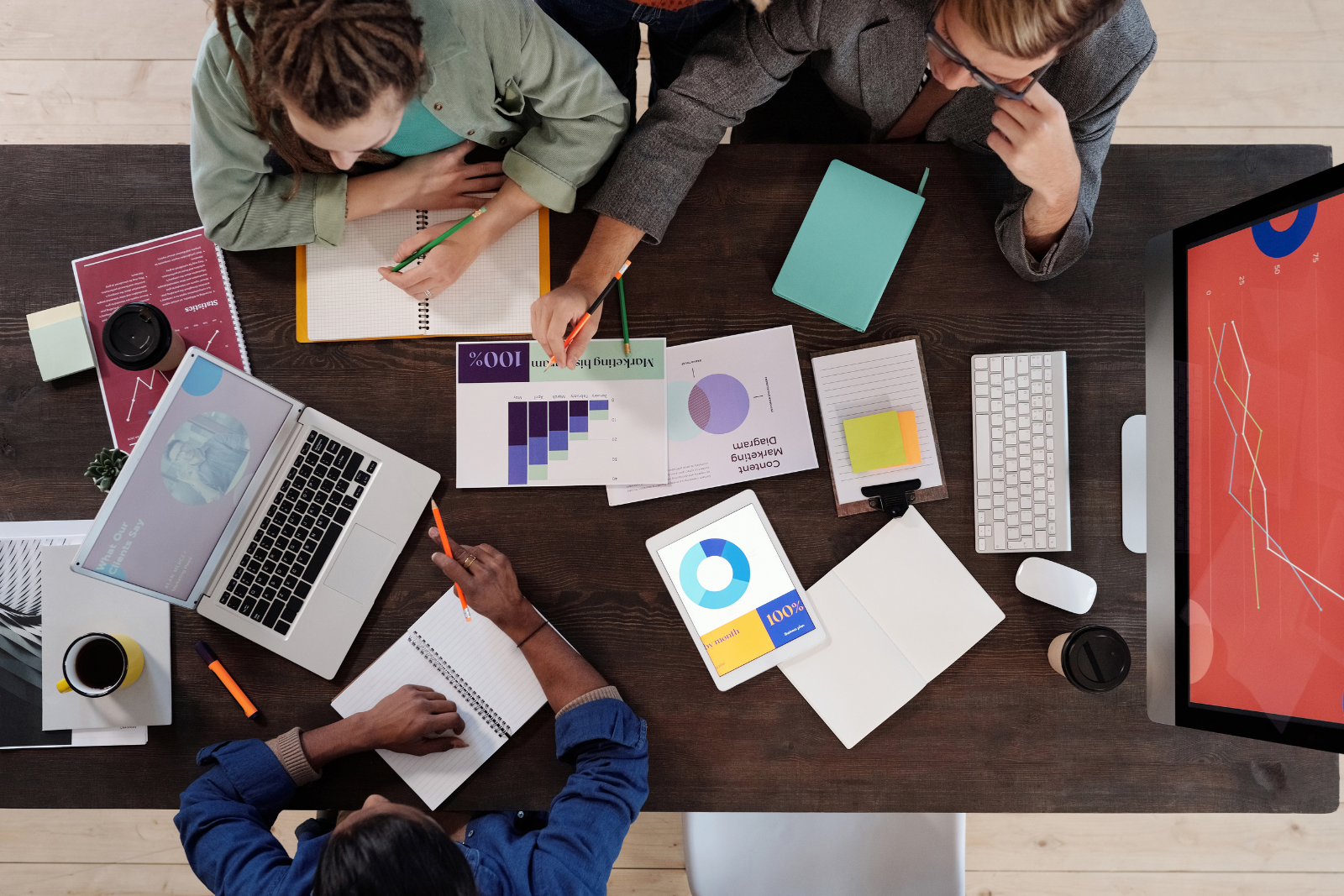 Arial view of a desk with multiple people working together